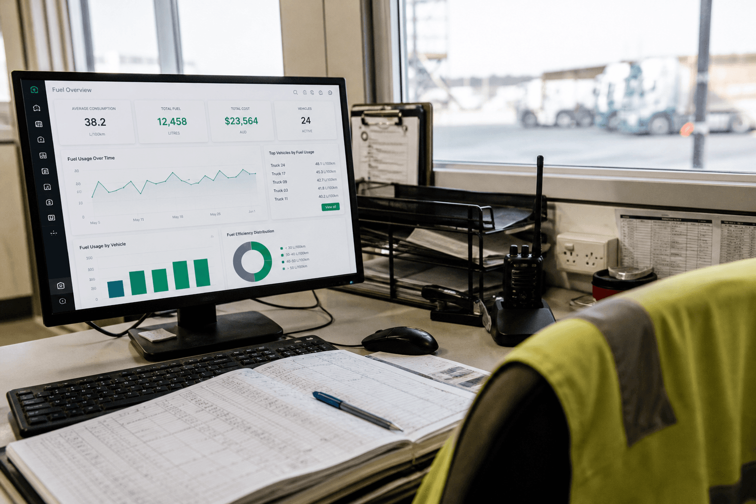 A bright, daylit depot desk showing a telematics dashboard screen, a paper fuel log, a two-way radio, and a hi-vis vest, with no people in frame.