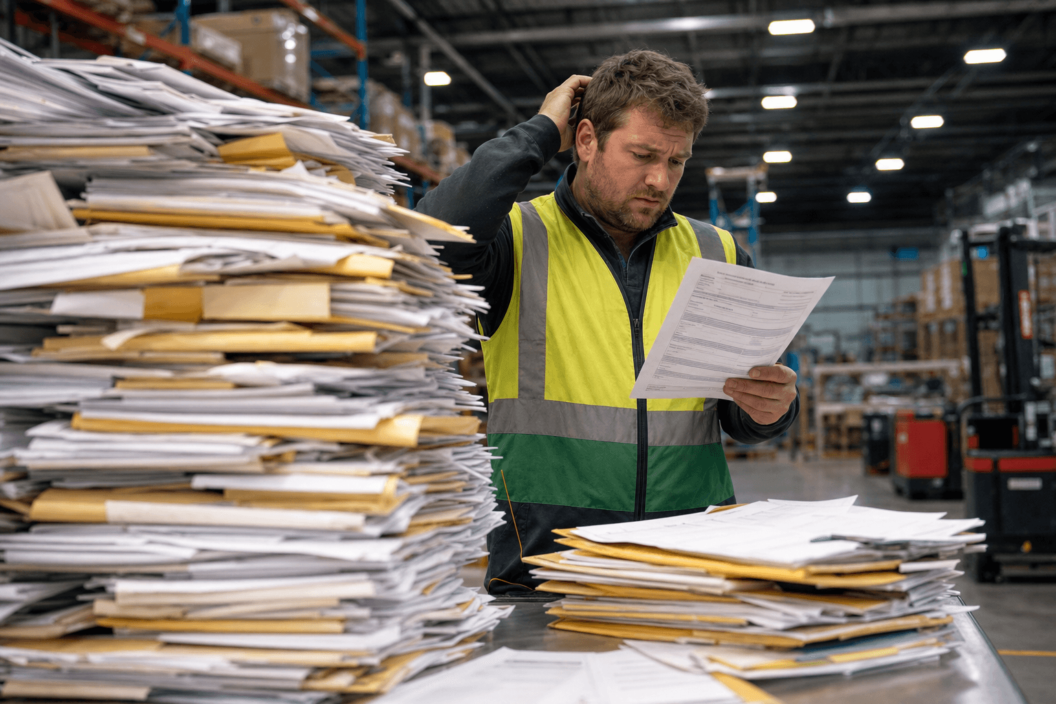 A male freight worker in a high-vis vest stands at a warehouse dispatch bench holding a printed invoice, surrounded by towering stacks of carrier invoice folders, with the warehouse floor visible behind him.