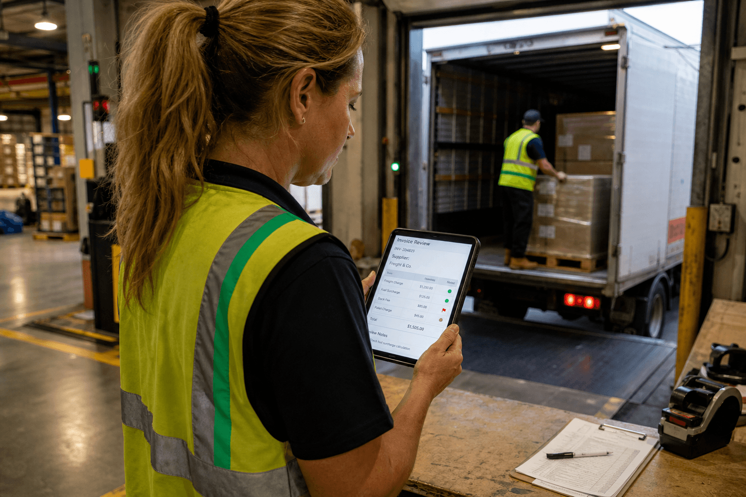 A female logistics worker in a high-vis vest stands at a freight depot loading dock holding a tablet showing an invoice review interface, with a delivery truck and a second worker offloading pallets visible behind her.