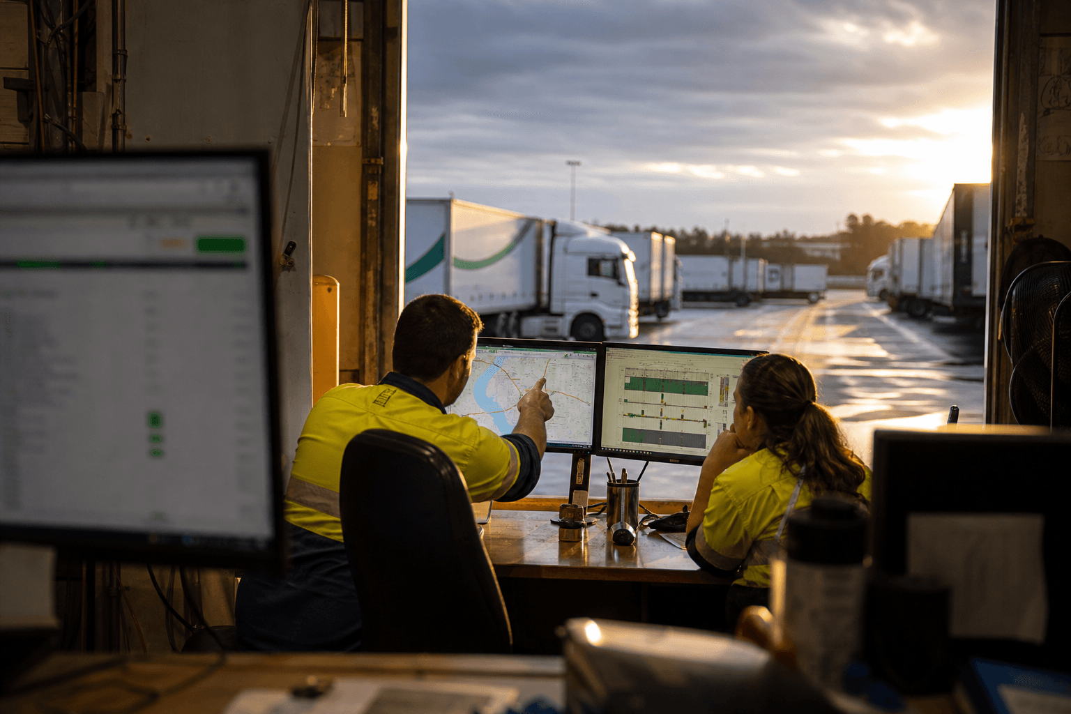 Seen through a warehouse doorway framed by two monitors, a logistics planner in hi-vis gestures at screens showing a route map and a trailer-loading diagram, with a depot yard lit by golden afternoon light beyond.