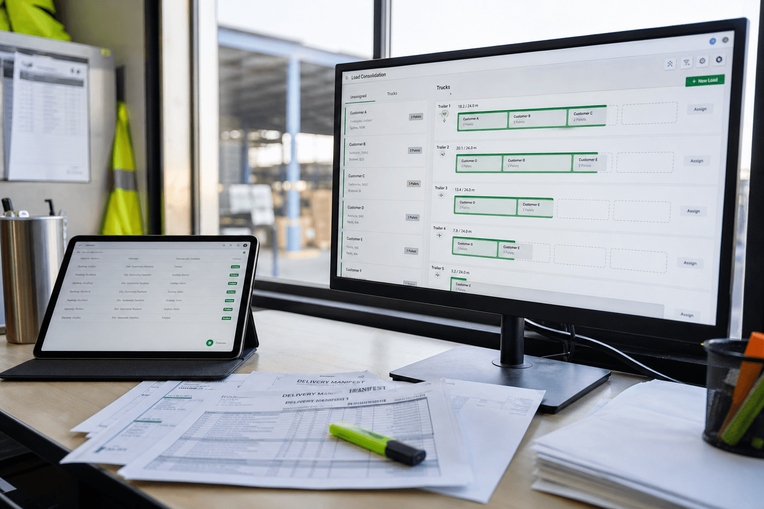 A close-up of a dispatch desk in bright daylight showing a tablet and monitor displaying a load consolidation screen with trailer capacity bars, next to paper manifests and a highlighter pen.