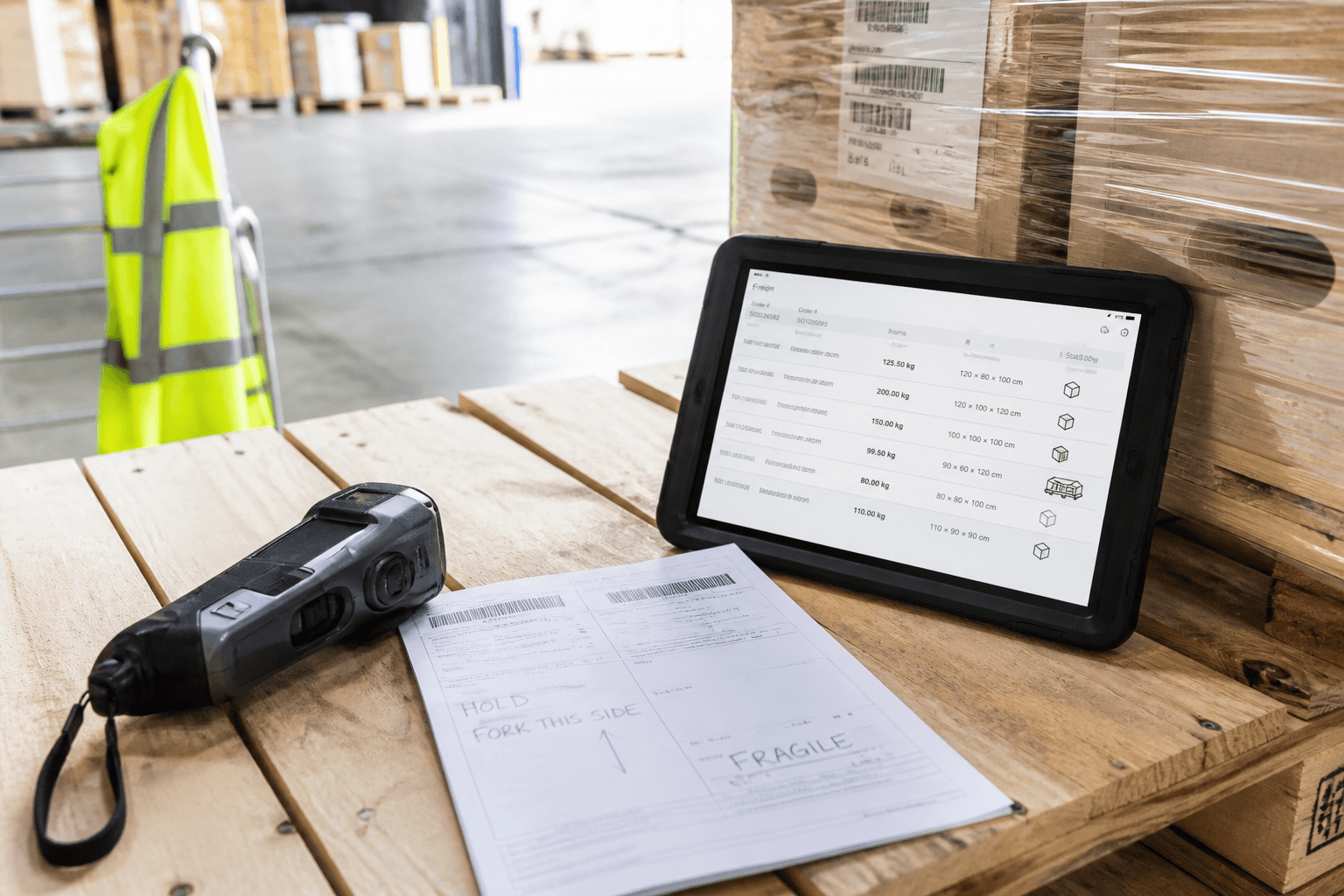 A handheld dimensioning scanner, a paper delivery docket, and a tablet showing freight weight and dimension data sit on a dock table beside labelled pallets in a bright warehouse.