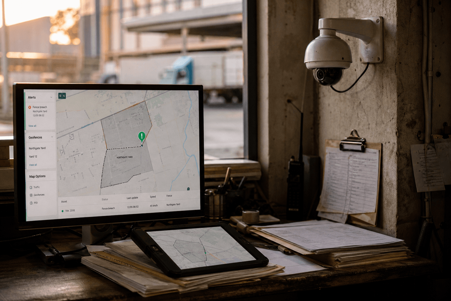 Close-up of a warehouse dispatch desk with a tablet and monitor displaying a freight tracking map with an alert marker, lit by warm golden-hour light.
