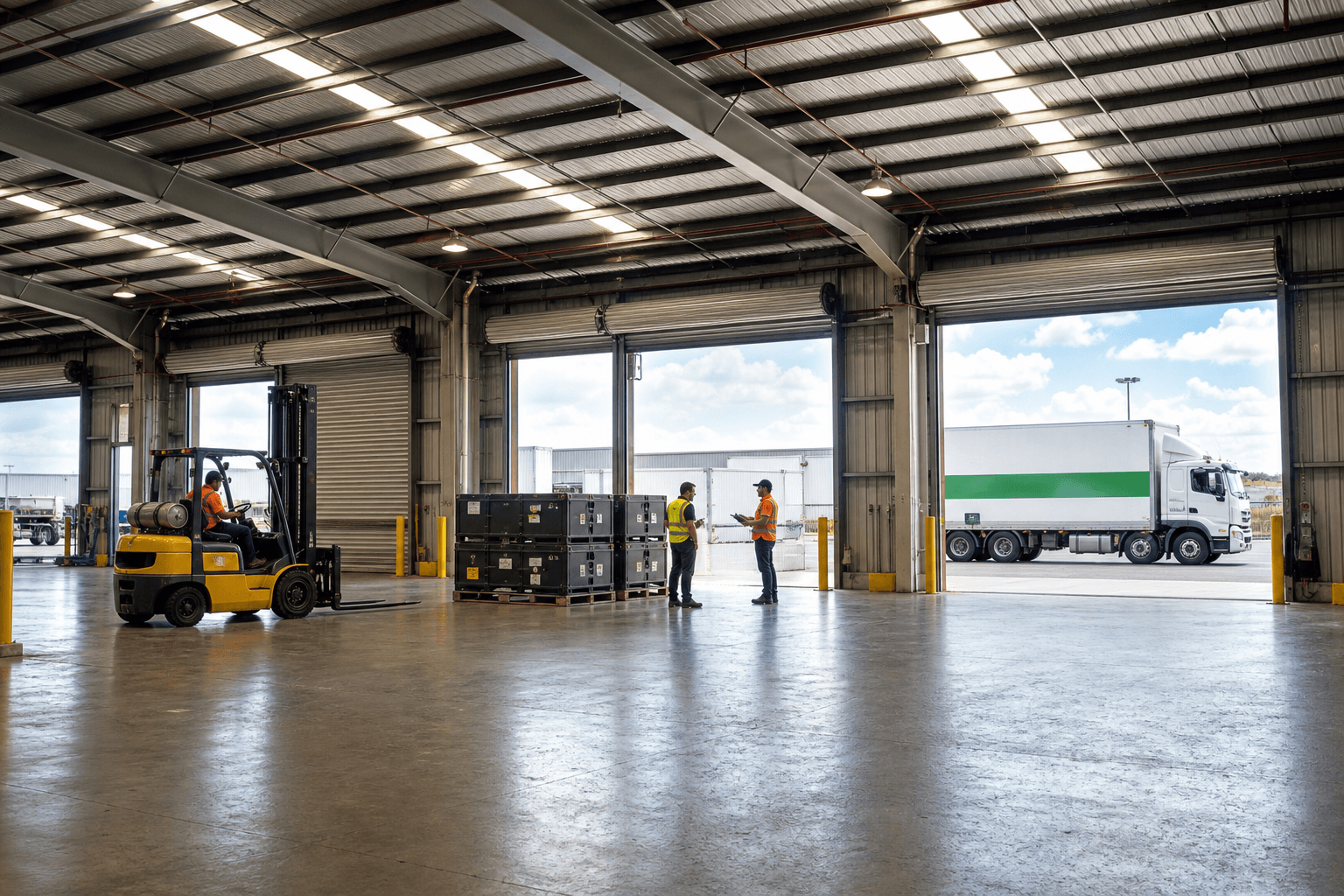 Wide view of a bright Australian freight warehouse with a forklift operator and a security guard checking pallets of sealed cargo near open loading bay doors.
