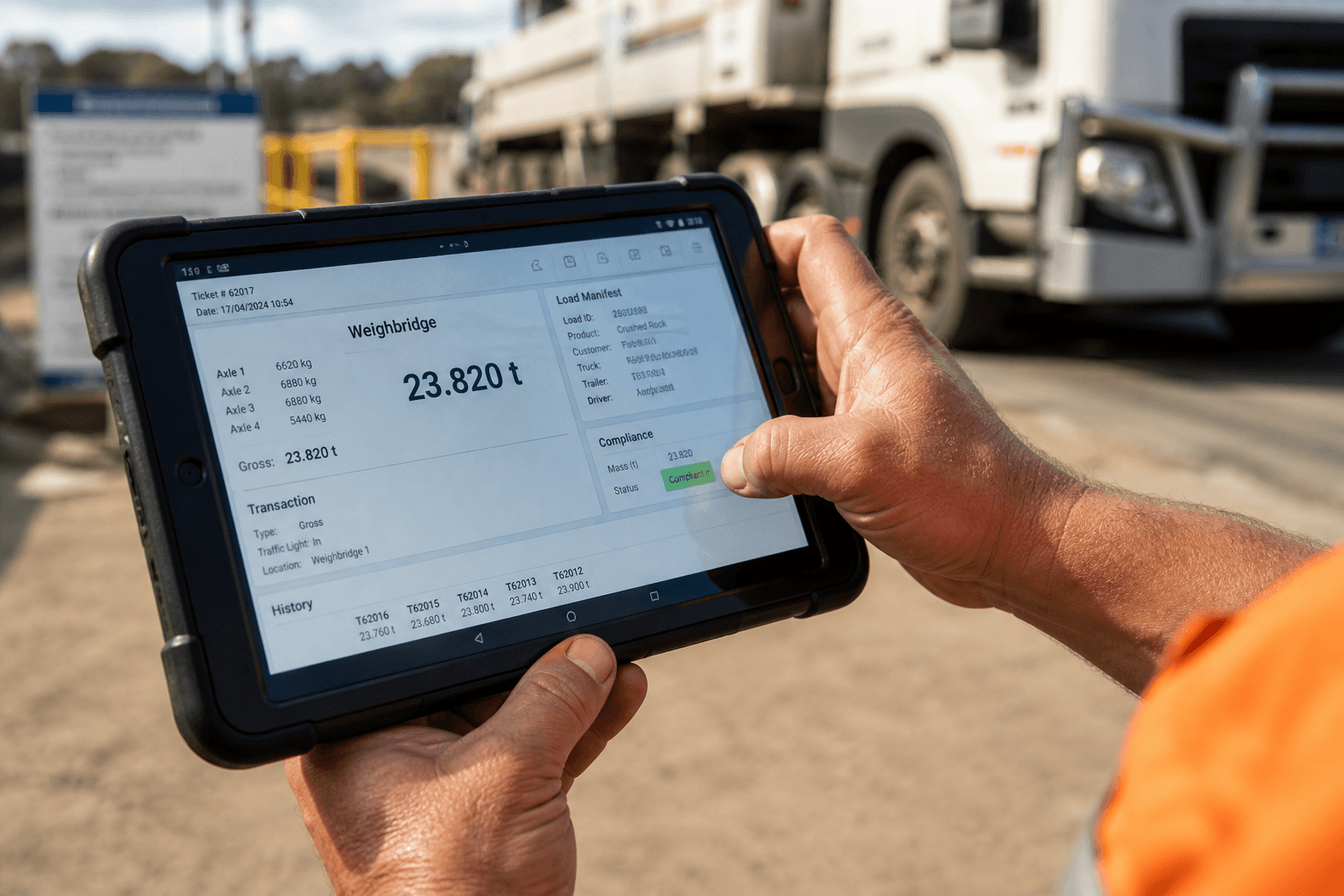 Close-up of a worker's hands holding a rugged tablet displaying a weighbridge reading and load manifest with a green compliance indicator, at a truck dock in bright daylight.
