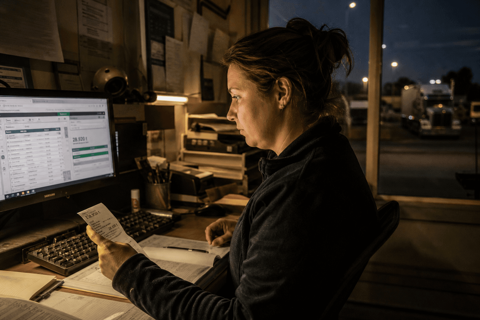 Side profile of a dispatch coordinator working late at a desk in a dim depot office, comparing a paper weighbridge ticket to data on a computer screen, lit by a warm desk lamp and cool monitor glow.