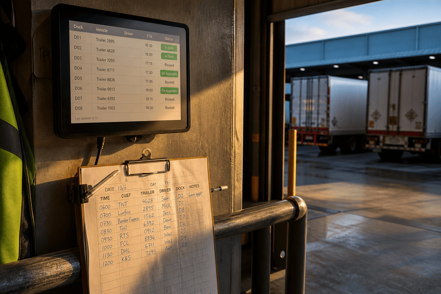 A wall-mounted dock scheduling screen and a paper appointment clipboard on a dock rail, lit by warm late-afternoon sunlight, with loading dock doors and trailers visible in the background.