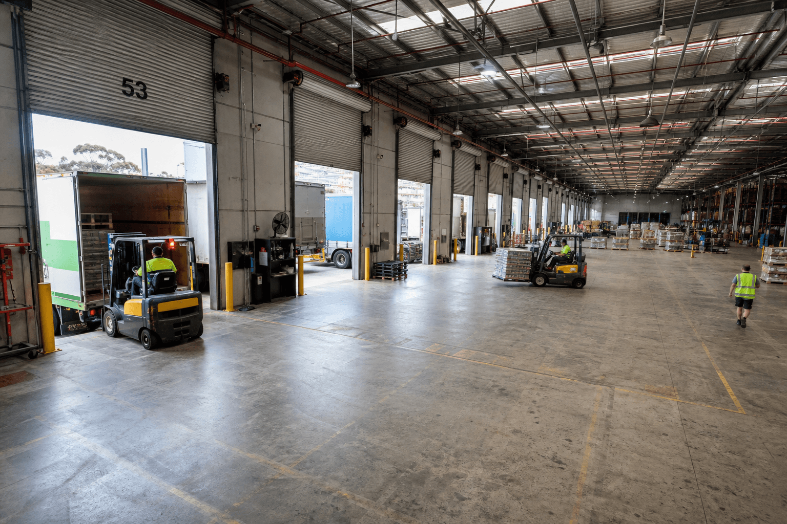 A wide view of a distribution centre cross-dock facility with multiple trailers backed into loading doors, forklifts moving freight, and small figures of workers in hi-vis clothing, lit by bright natural daylight.