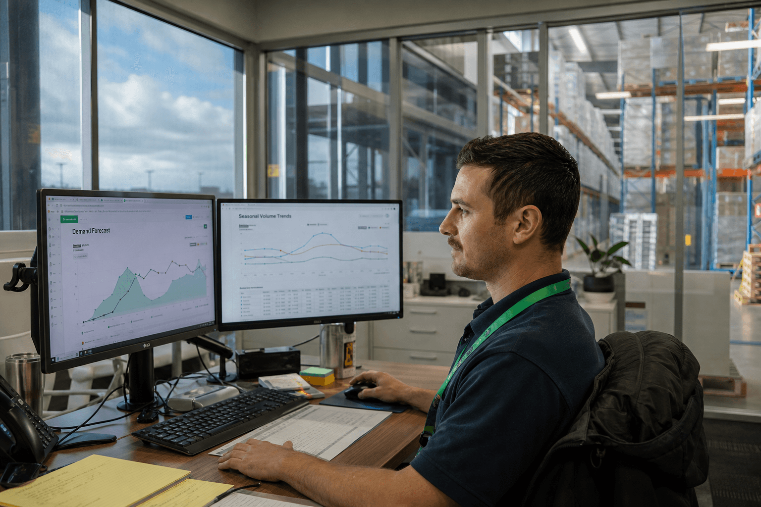 A freight planning analyst sits at a bright open-plan office desk reviewing demand forecast graphs on dual monitors, with warehouse racking visible through a glass partition behind them.