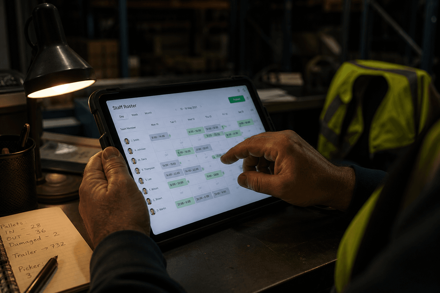Close-up of a warehouse supervisor's hands typing on a tablet showing a staff shift roster, lit by screen glow and a warm task lamp in a dim depot office at night.