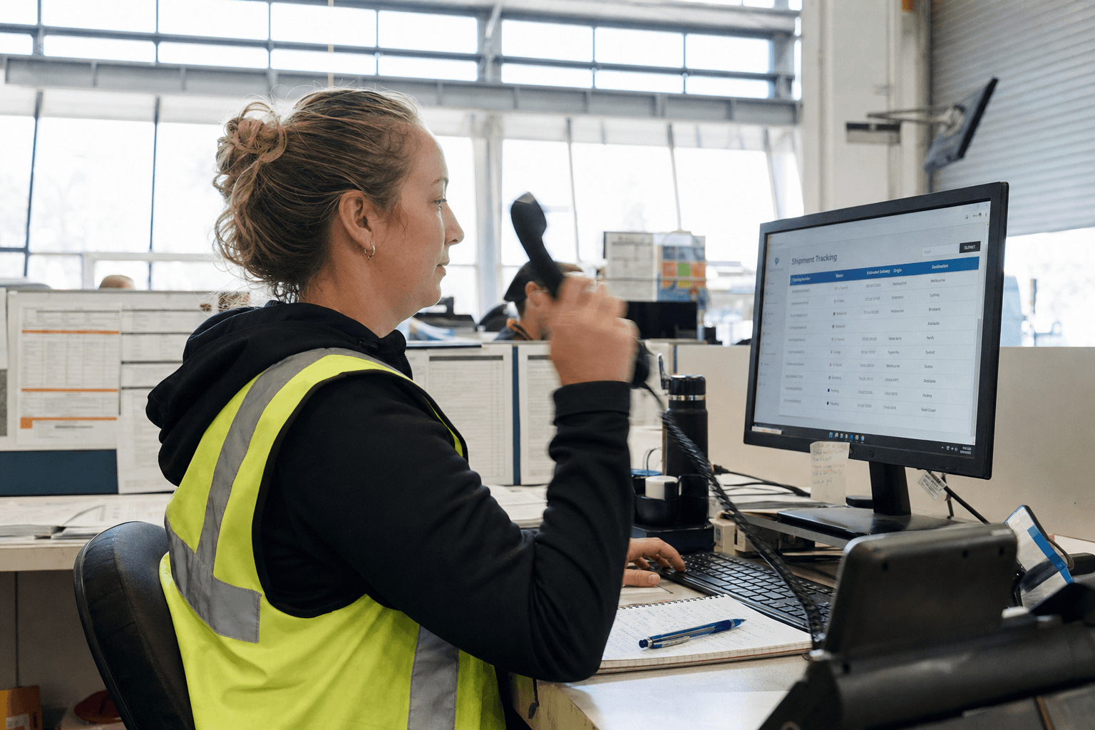 A female freight dispatcher in a high-vis vest is seen in side profile, mid-motion raising a phone handset while looking at a shipment tracking screen at an Australian depot dispatch counter in bright natural daylight.