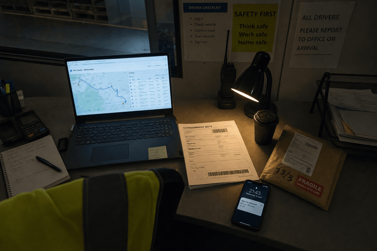 Overhead view of an Australian freight depot desk at night, showing a glowing laptop with a route-planning dashboard, printed consignment dockets, a smartphone, and a takeaway coffee cup, lit by screen glow and a warm task lamp.
