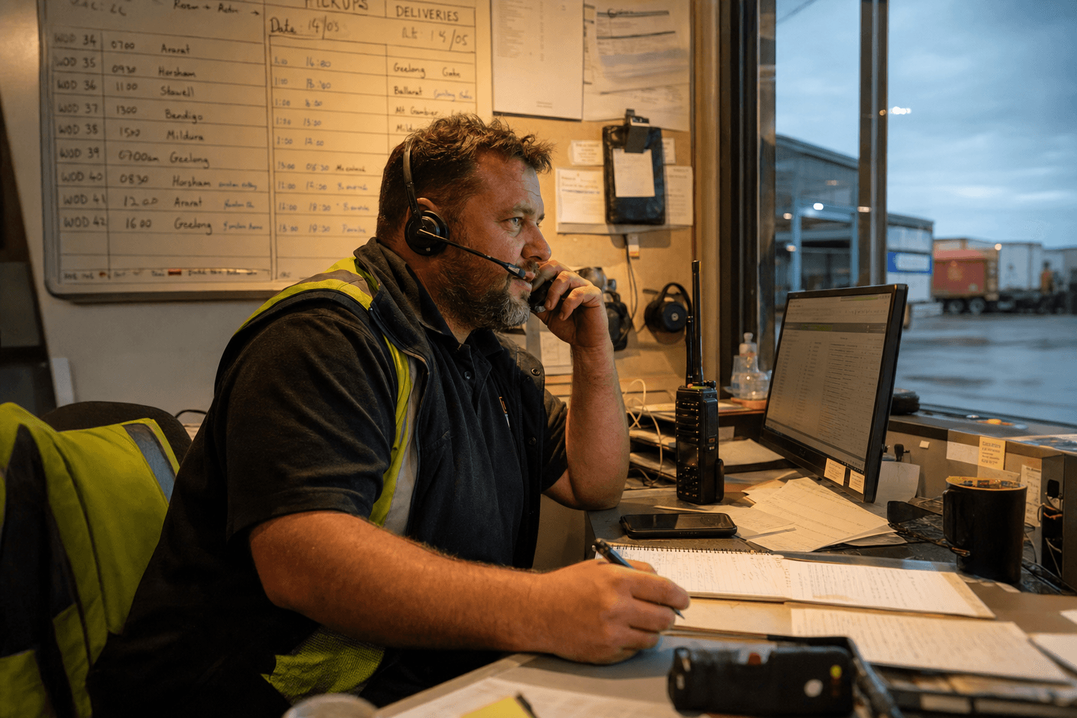 A dispatcher wearing a headset sits at a busy depot desk in the evening, illuminated by warm light, with schedule boards and a radio visible behind them.