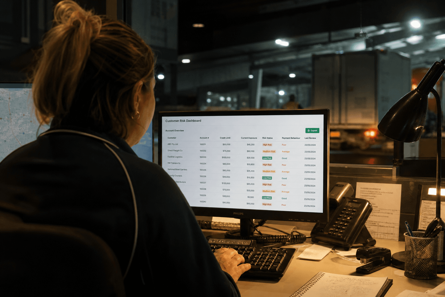 A dispatch coordinator viewed from behind studies a customer risk dashboard on a computer screen in a dimly lit depot office at night.
