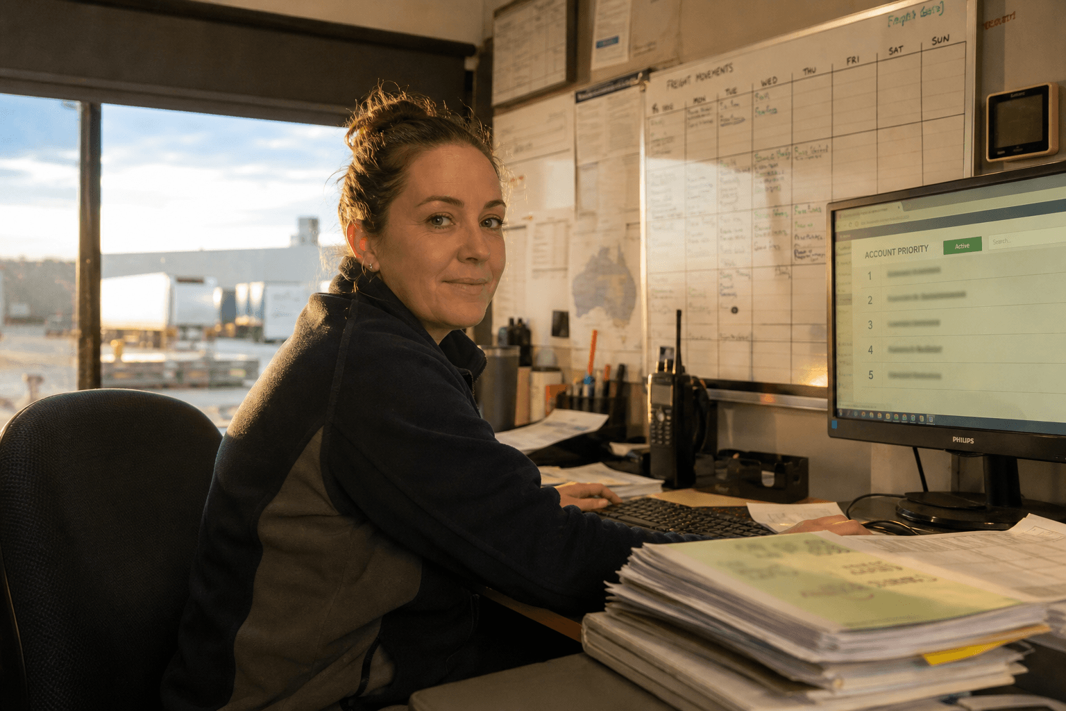 An account manager sits at her desk in a freight depot office, reviewing account priority rankings on a monitor in warm late-afternoon light.