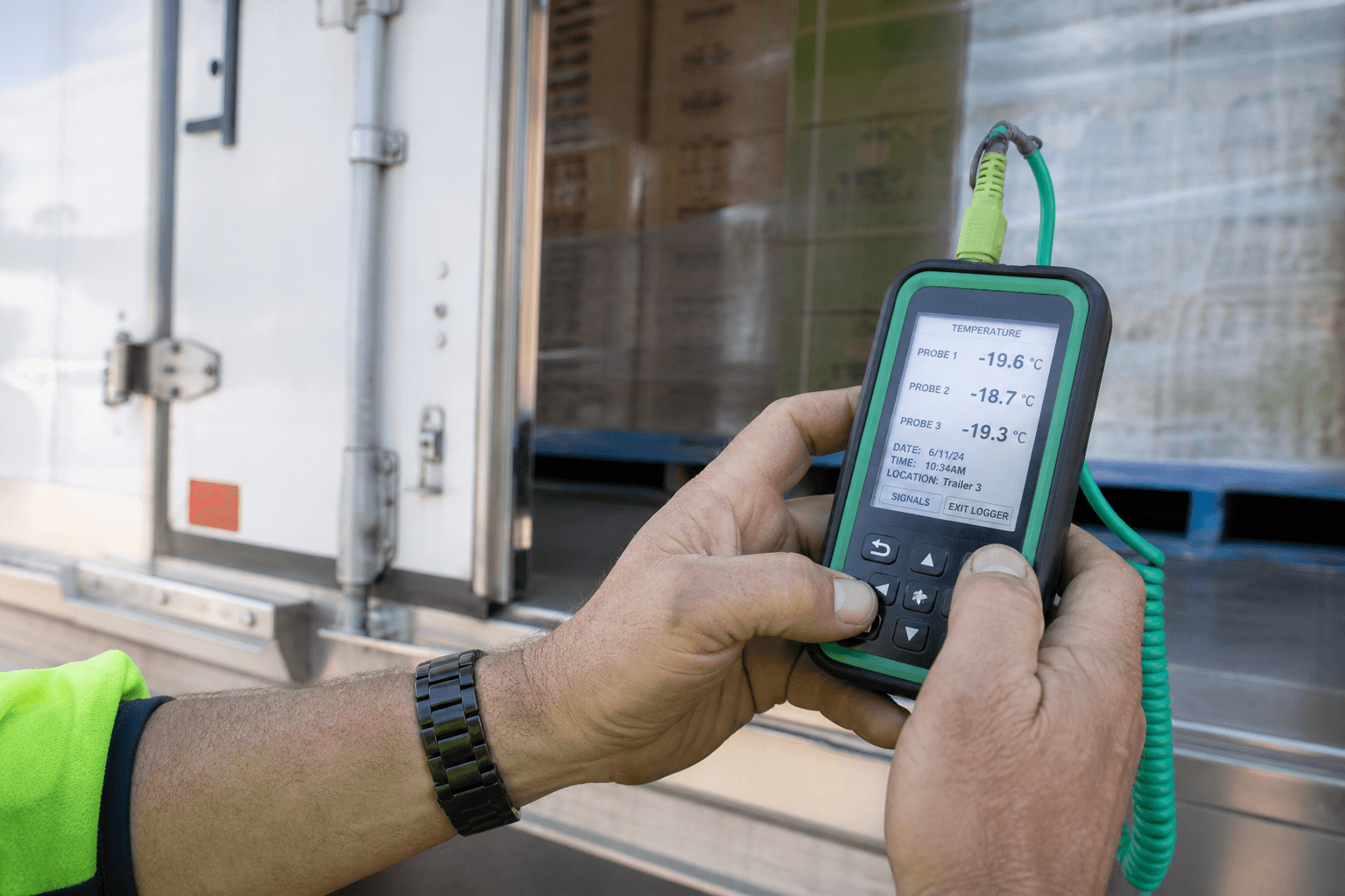 Close-up of hands holding a handheld temperature logging device near the open door of a refrigerated freight trailer.