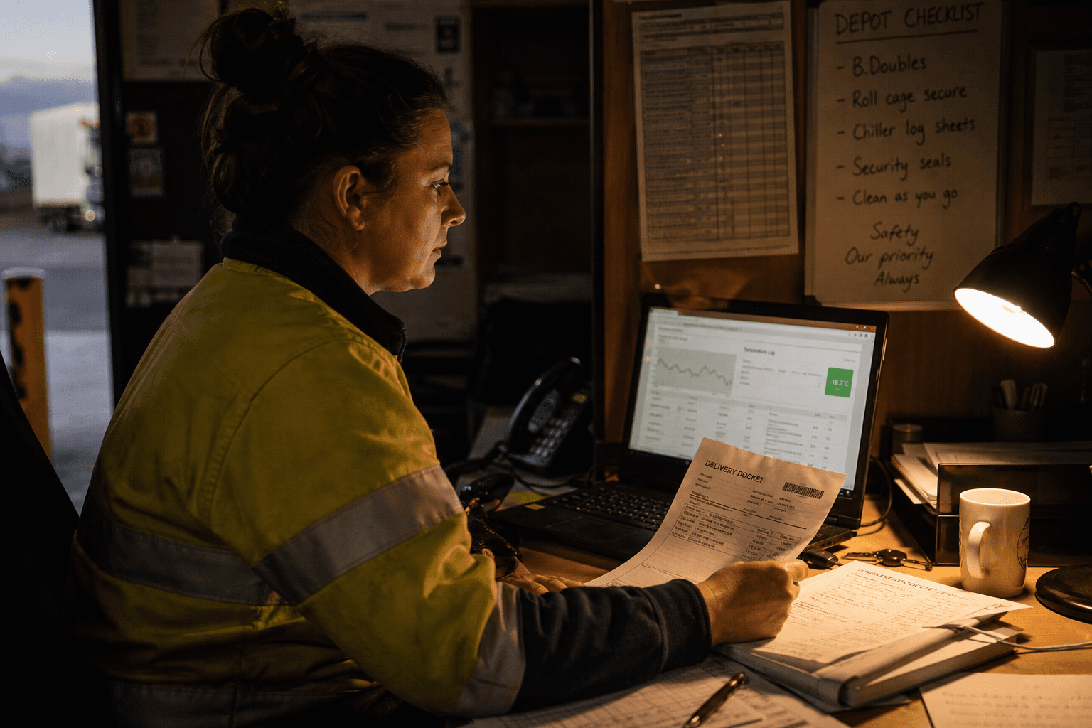 A dispatch coordinator in profile reviewing temperature compliance logs and documents on a laptop at a dimly lit depot office desk.