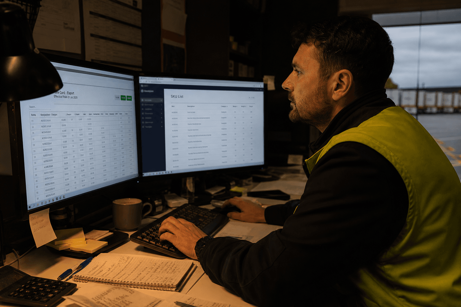 Side profile of a logistics worker at a desk at night, face lit by computer screens and a desk lamp while reviewing data on dual monitors.