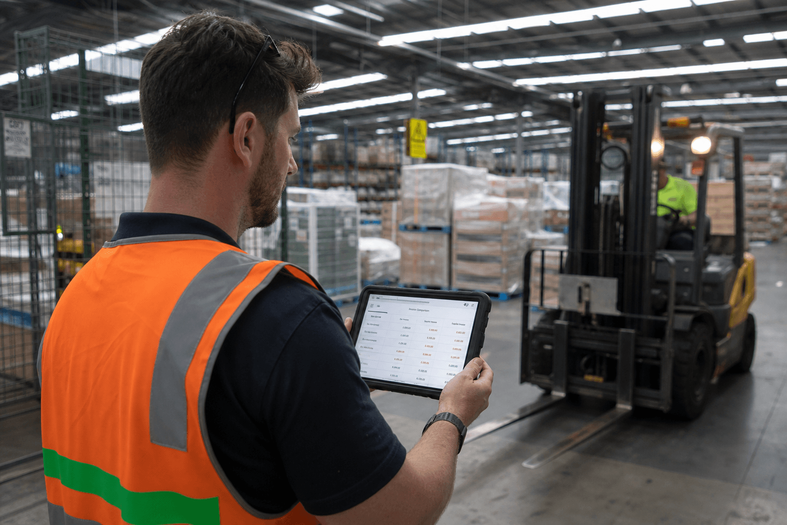 A male warehouse coordinator in an orange hi-vis vest reviews a freight invoice comparison on a ruggedised tablet at the edge of a working Australian distribution centre, with pallets and a forklift visible behind him.