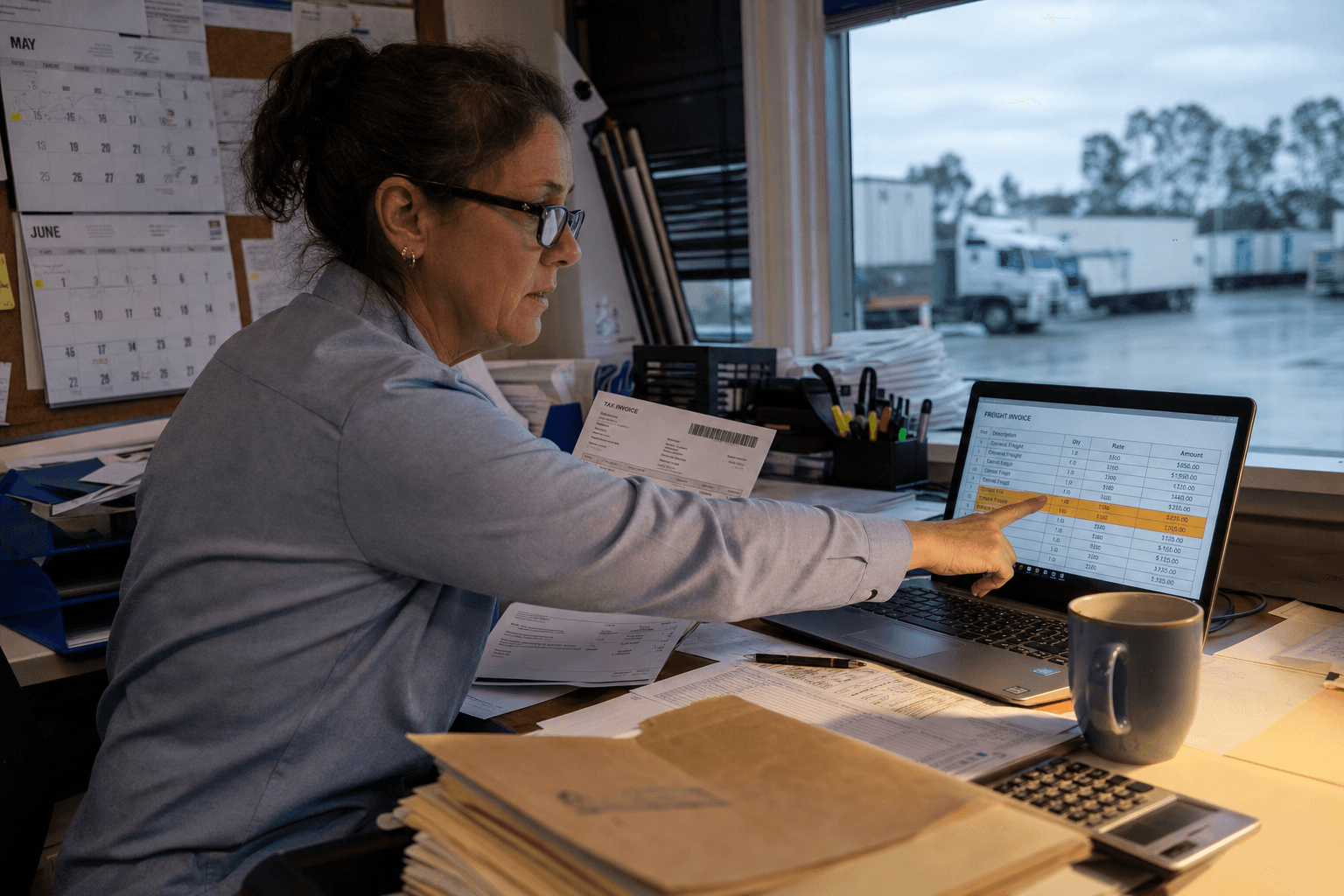 A middle-aged female accounts officer compares a printed freight invoice against highlighted line items on her laptop screen in a cluttered Australian freight company back-office, with a truck yard faintly visible through the window behind her.