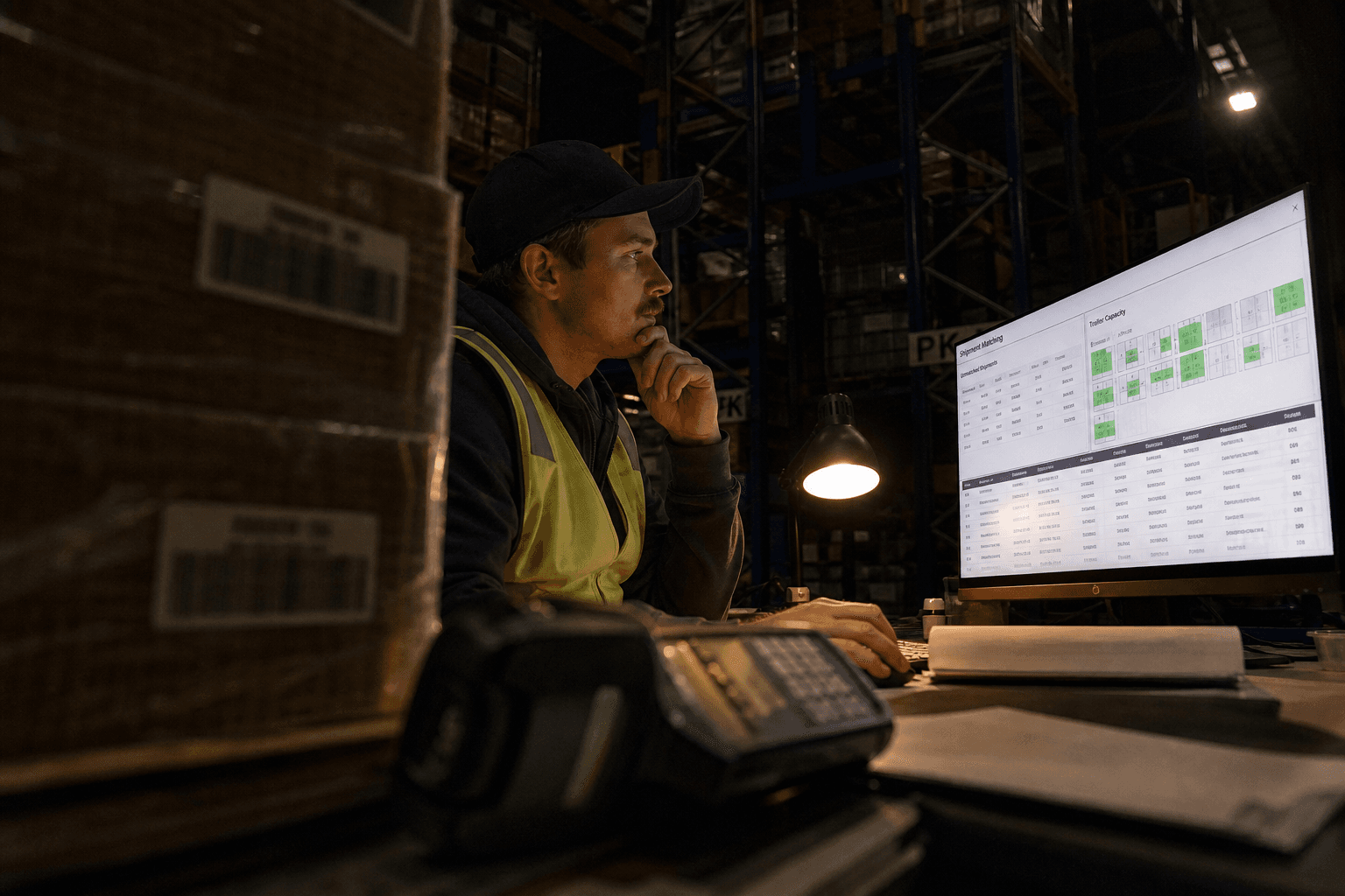 Low-angle view past warehouse pallets toward a logistics analyst studying a monitor showing shipment-matching data, lit by screen glow and a warm task lamp in a dim depot.
