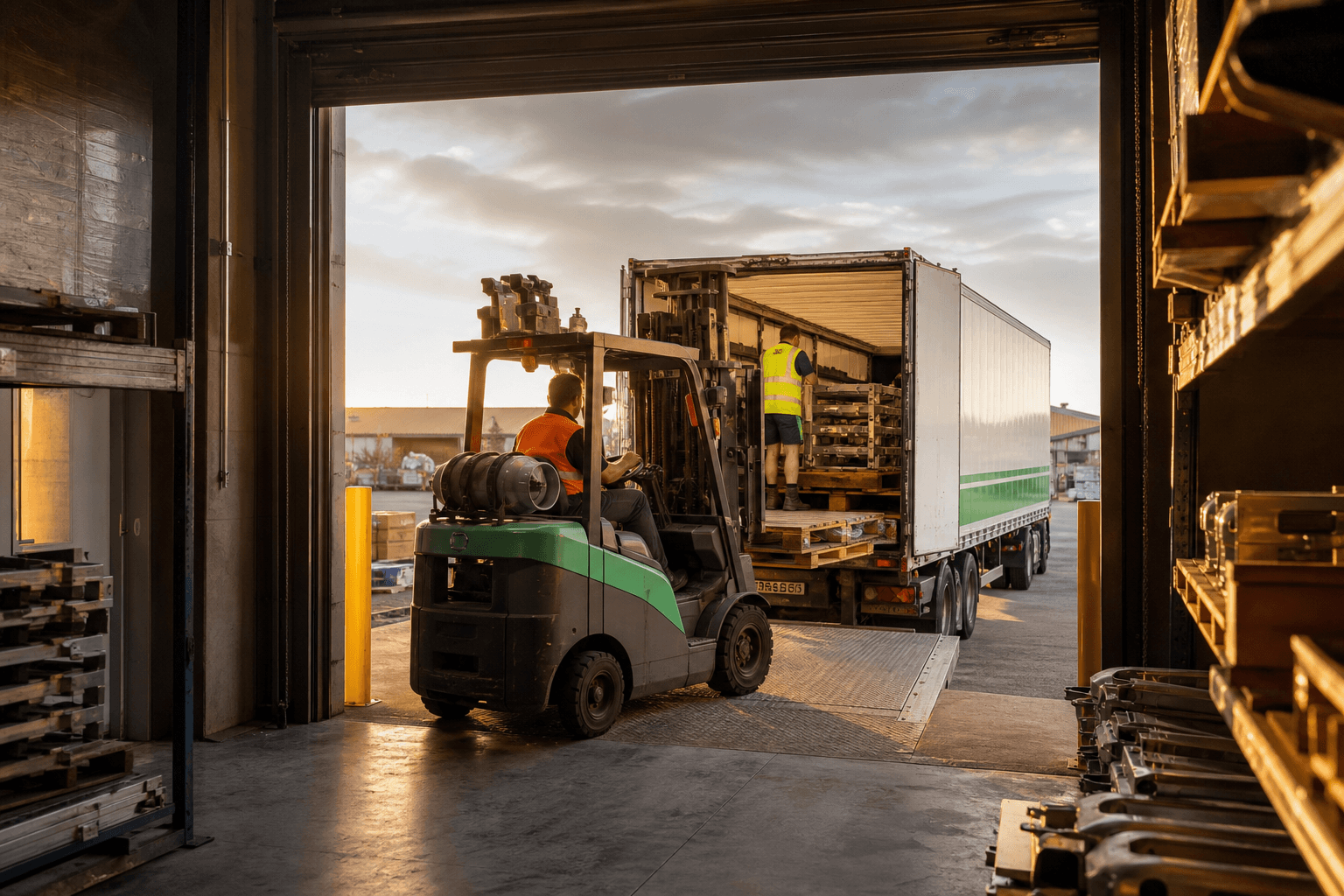 View through an open trailer doorway at a forklift operator loading pallets into a part-filled freight trailer at an Australian depot during golden-hour light.