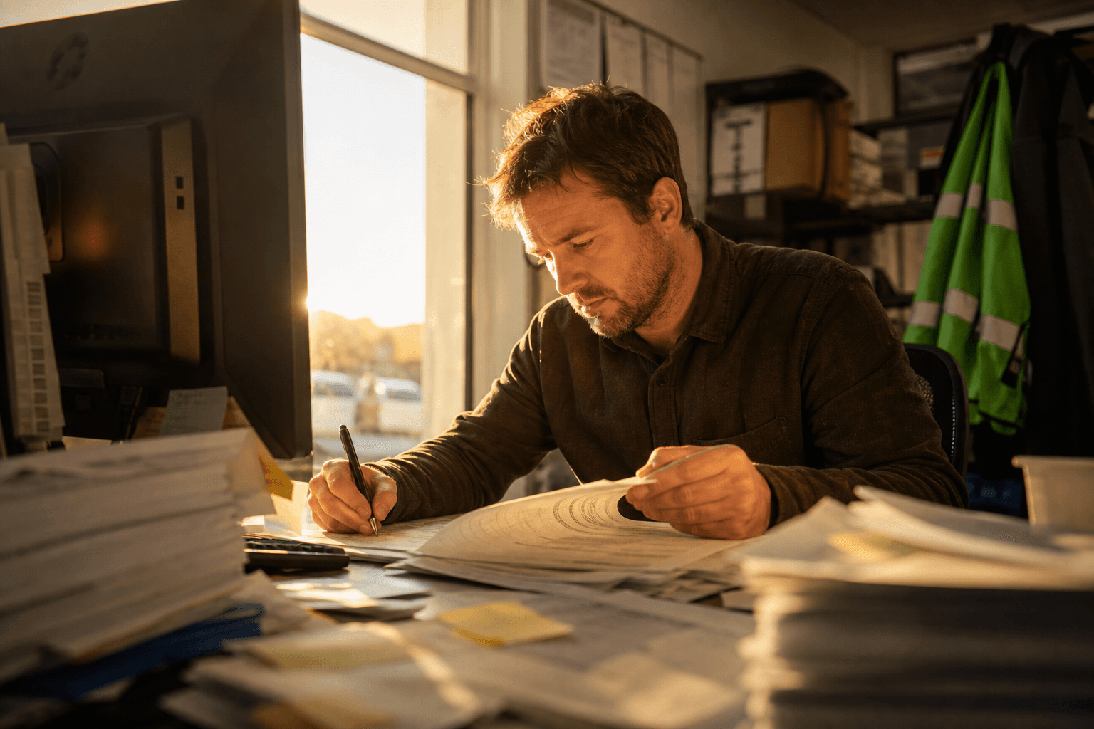 A tired office worker surrounded by paper spreadsheets and delivery dockets at a cluttered desk, lit by warm late-afternoon sunlight, viewed from a low angle near the desk surface.