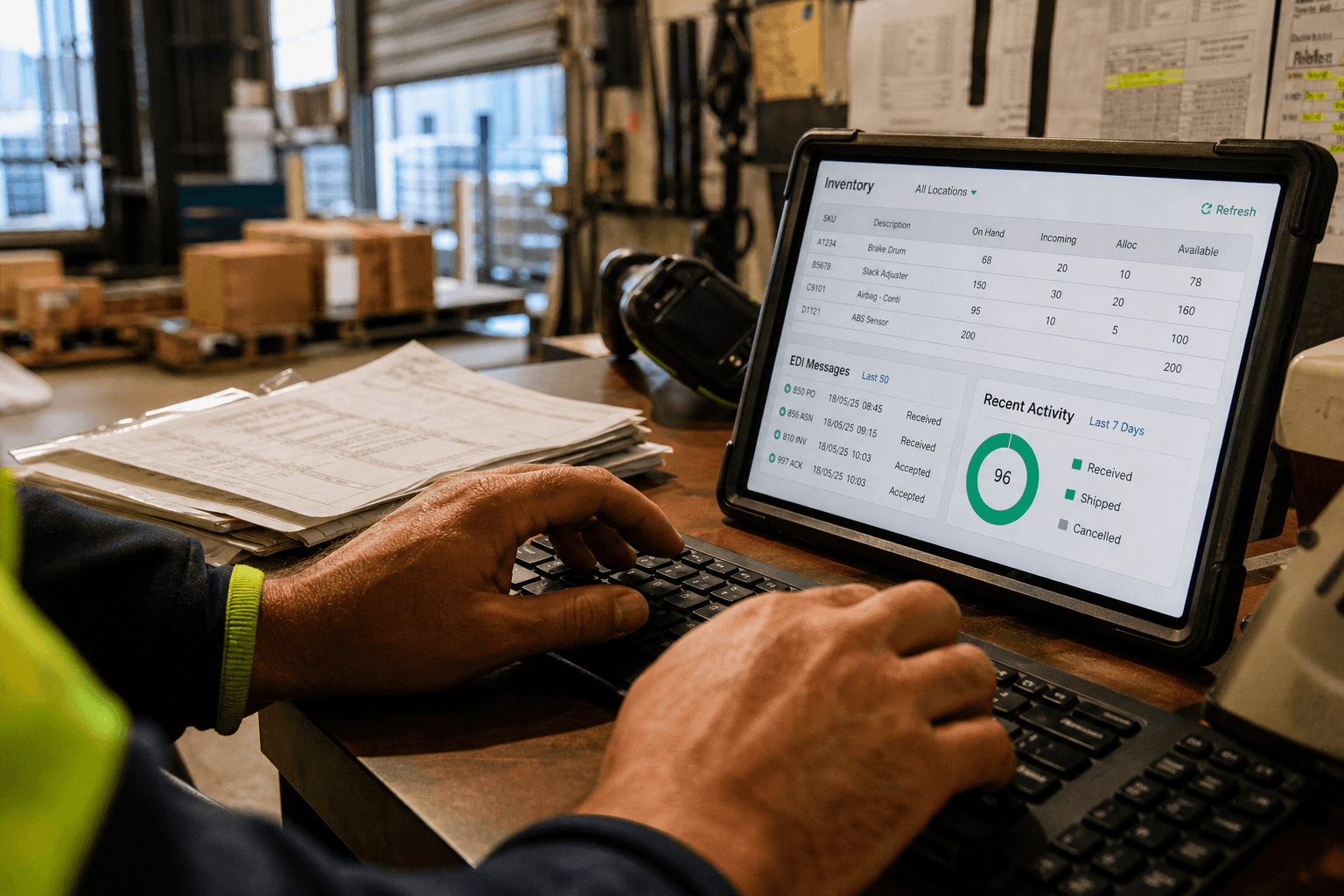 Close-up of a worker's hands typing on a keyboard next to a tablet showing inventory and data integration screens at a warehouse dock desk, lit by warm golden-hour light.