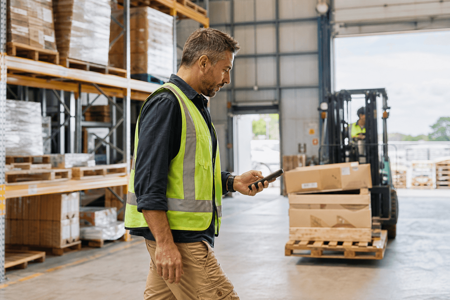 A warehouse operations manager walks briskly down a bright pallet racking aisle while checking a handheld device, captured in profile with a forklift visible in the background.