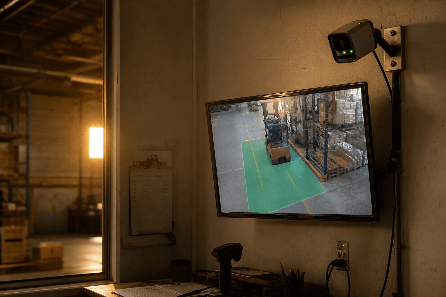 A wall-mounted screen in a warehouse office displays a live forklift aisle camera feed with a safety alert highlighted, lit by warm afternoon light through a window.