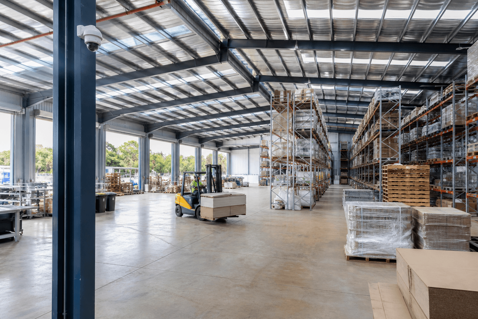 A wide view of a bright, daylit warehouse floor with a forklift operator moving a pallet load among racking, and a small monitoring camera mounted on a support column.