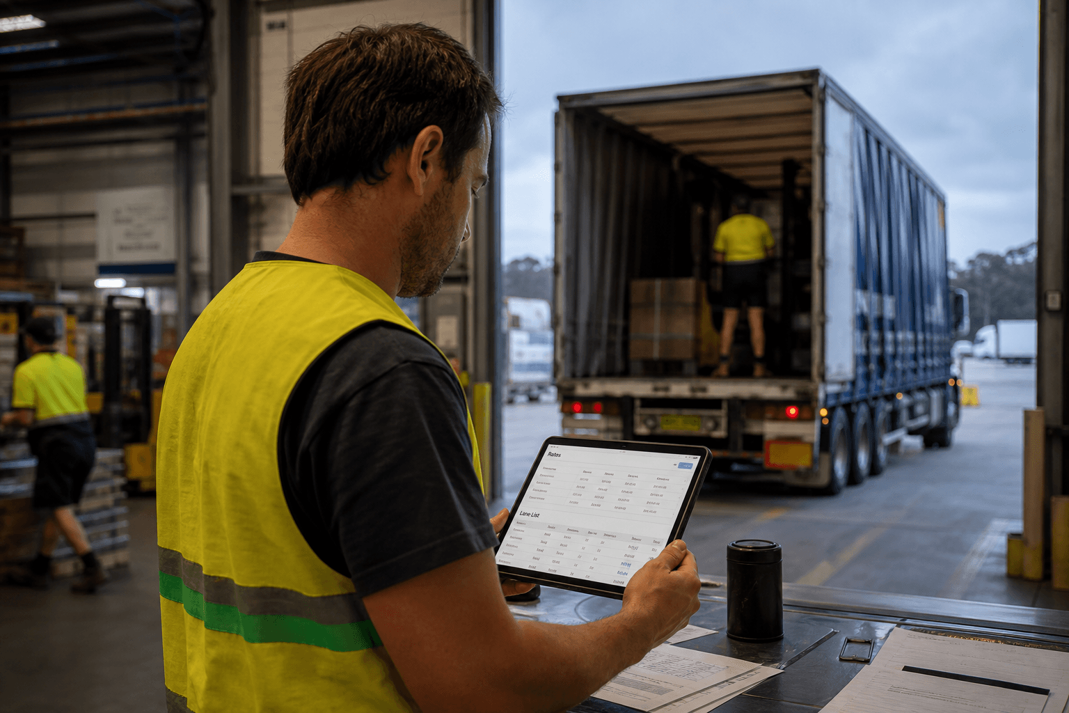 A male freight dispatcher in a high-visibility vest reviews carrier rate data on a tablet while standing at a loading dock, with a curtainsider truck and overcast daylight visible behind him.