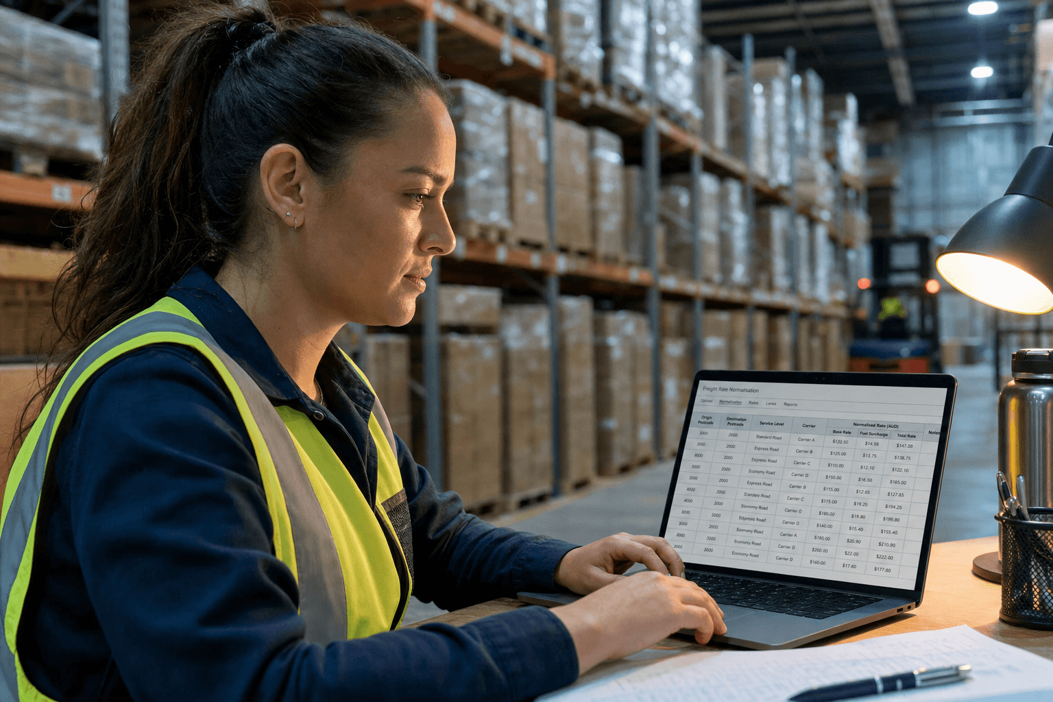 A young female logistics analyst seated near warehouse racking works on a laptop displaying freight rate data tables and service level categories, with a forklift visible in soft focus behind her.