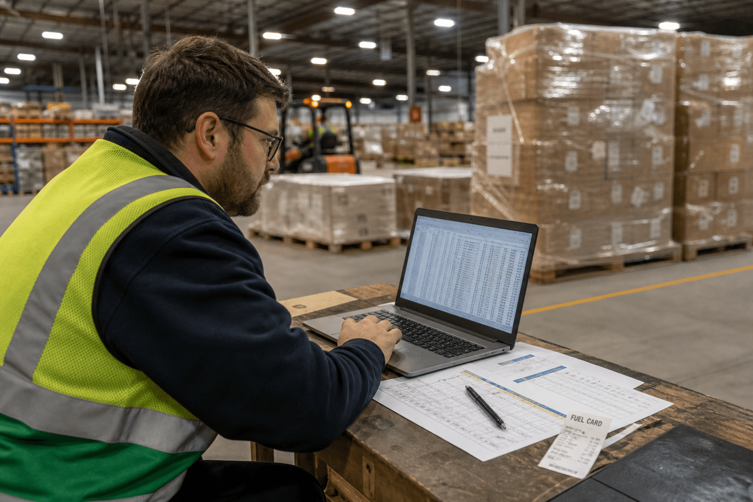 A male warehouse worker in a high-vis vest crouches at a laptop on a warehouse bench reviewing data spreadsheets, with pallets of freight visible in the background under fluorescent lighting.