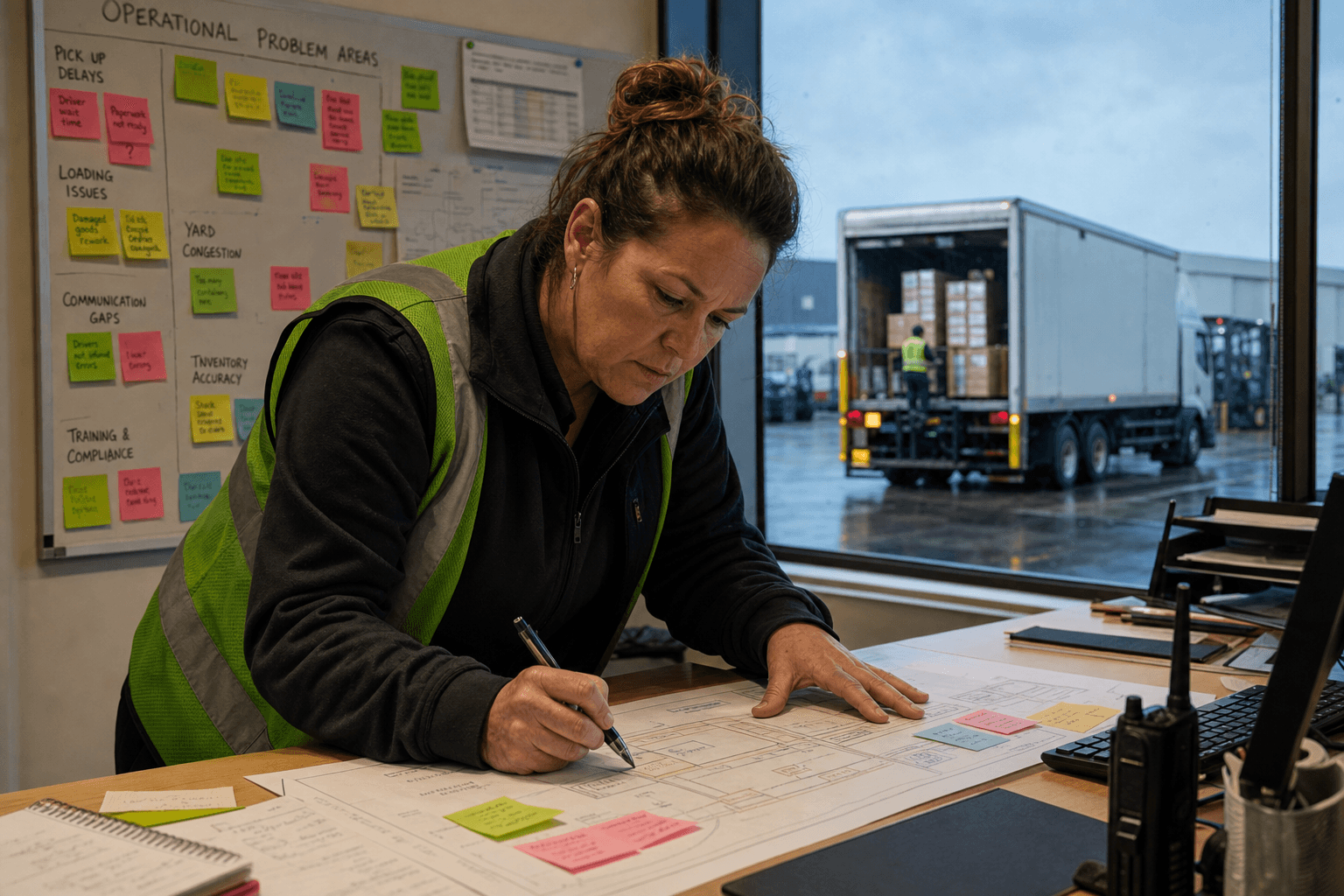 A female operations manager in a high-vis vest marks up a printed process map at a standing desk in a freight depot office, with a whiteboard of sticky notes behind her and a loading dock visible through the window.