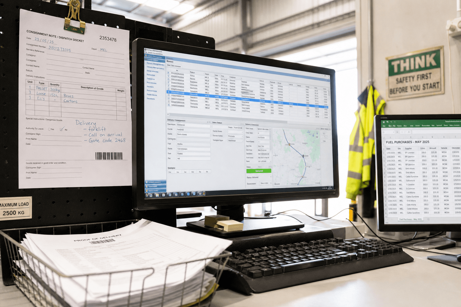 An unoccupied Australian depot operations desk in bright natural daylight, showing a TMS monitor with delivery data, a printed dispatch docket with handwritten notes, a fuel records spreadsheet on a secondary screen, and a tray of paper proof-of-delivery forms.