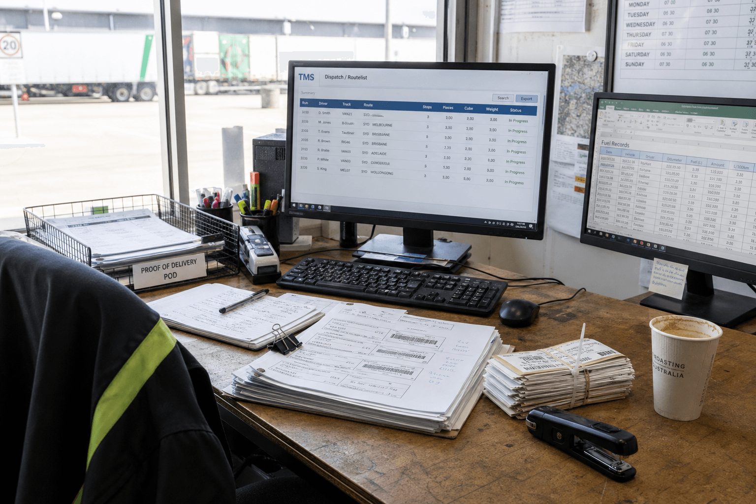 An unoccupied Australian depot dispatch desk in bright natural daylight showing a TMS monitor, printed dockets with handwritten notes, a fuel records spreadsheet on a secondary screen, and a tray of paper proof-of-delivery forms.