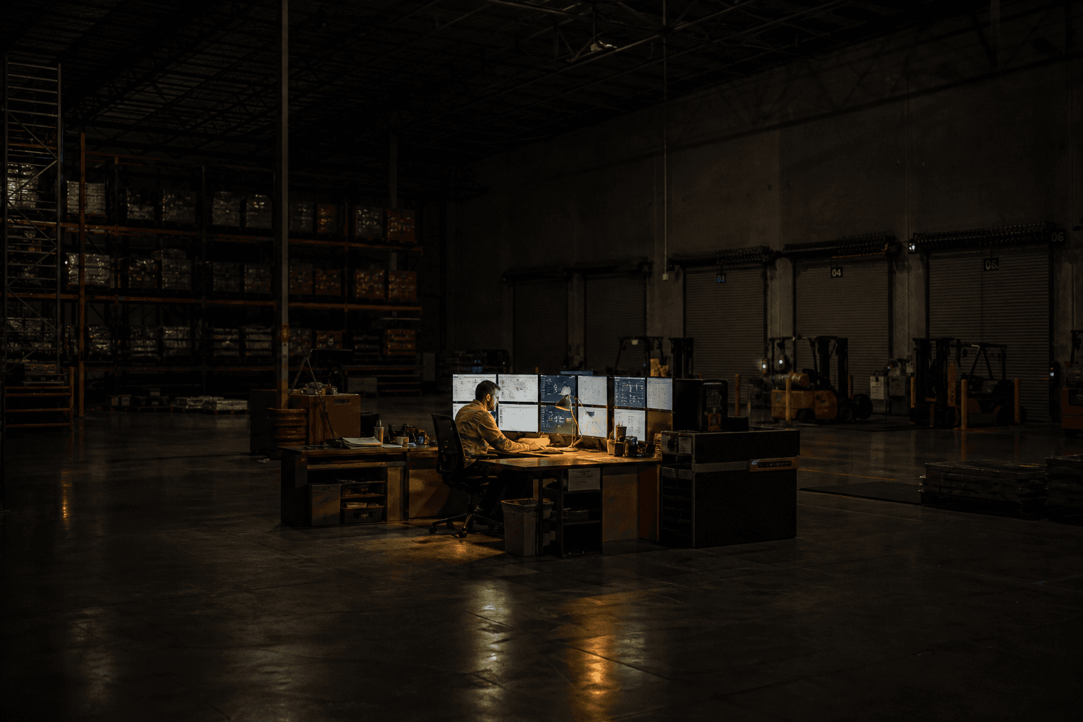 A wide-angle view of a large darkened Australian warehouse interior, with a young male coordinator in hi-vis working alone at a lit dispatch island surrounded by glowing data screens, the cavernous racking and dock areas receding into shadow behind him.