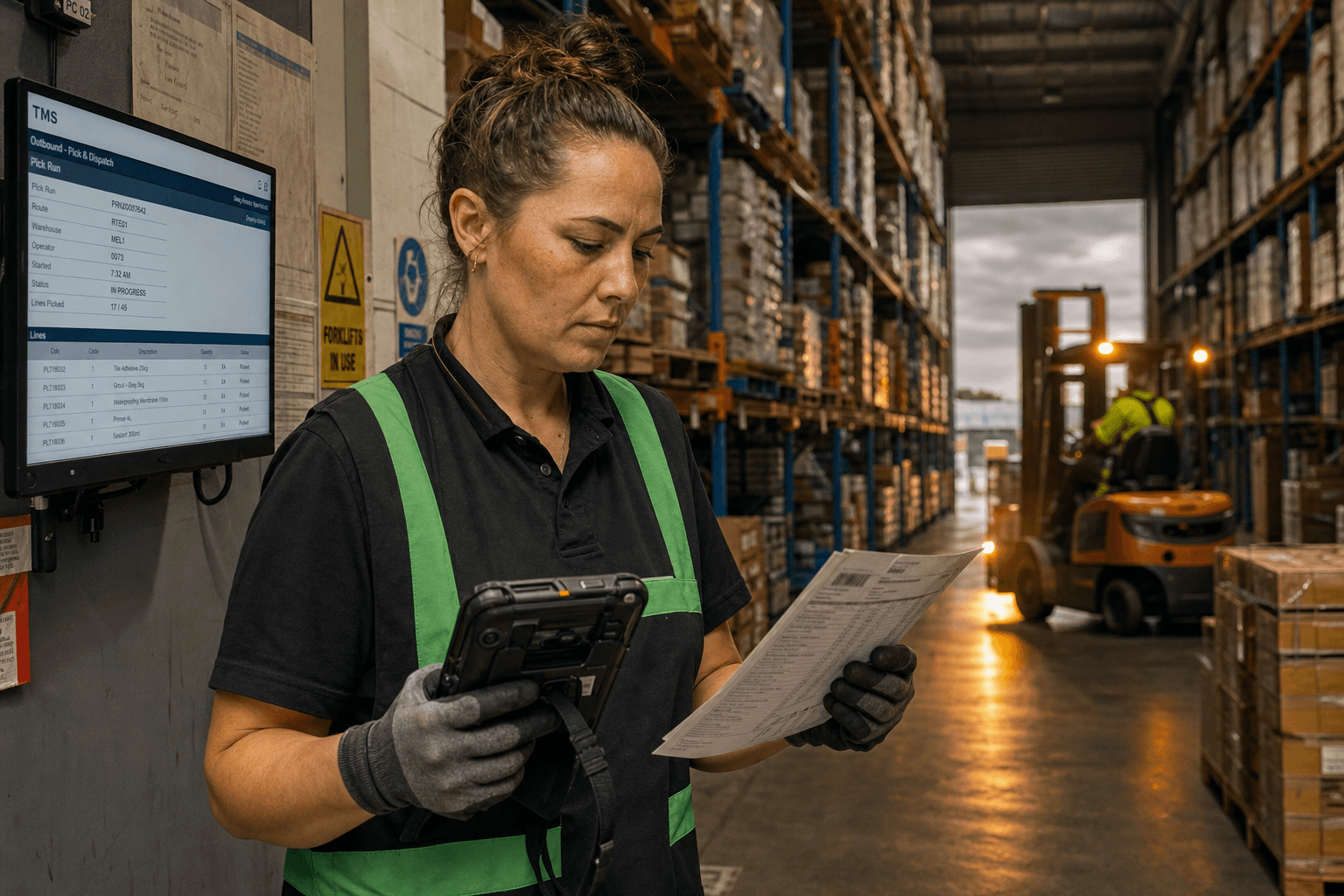 A female Australian warehouse worker in a high-vis vest compares a handheld scanner screen against a paper docket in a shelved warehouse aisle, with a forklift passing in the background under fluorescent lighting.