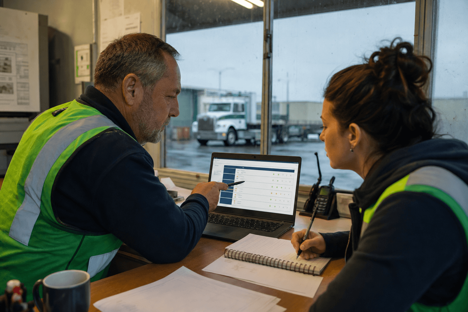 A male operations manager and a younger female logistics coordinator sit at a depot desk reviewing a structured scoring table on a laptop, with a parked truck visible through the window in an overcast freight yard behind them.