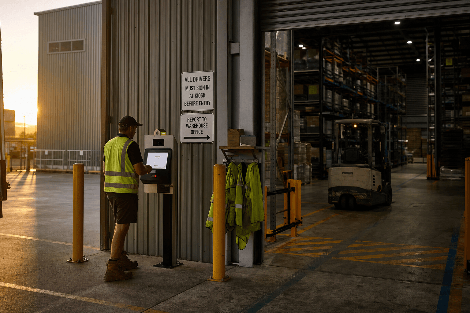 A truck driver in high-vis vest approaches a self-service check-in kiosk at the entry of a large Australian distribution centre, with warehouse racking and a forklift visible in the background under fluorescent light.