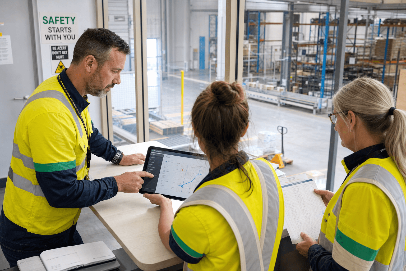 Three Australian warehouse operations staff in high-vis workwear collaborate around a tablet showing a software interface on a mezzanine above a busy warehouse floor, in bright natural daylight.