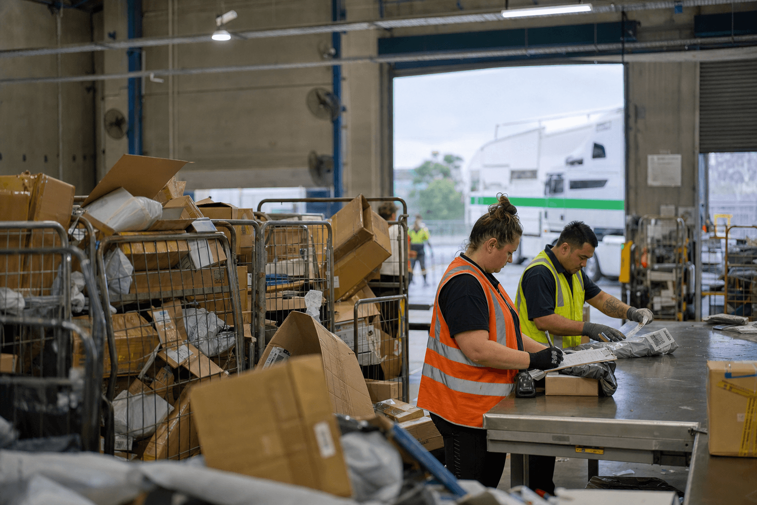 Two warehouse workers in high-vis vests sort through a large volume of returned parcels and open boxes on a processing bench near a loading bay, with a freight truck visible outside the roller door of an Australian warehouse facility.