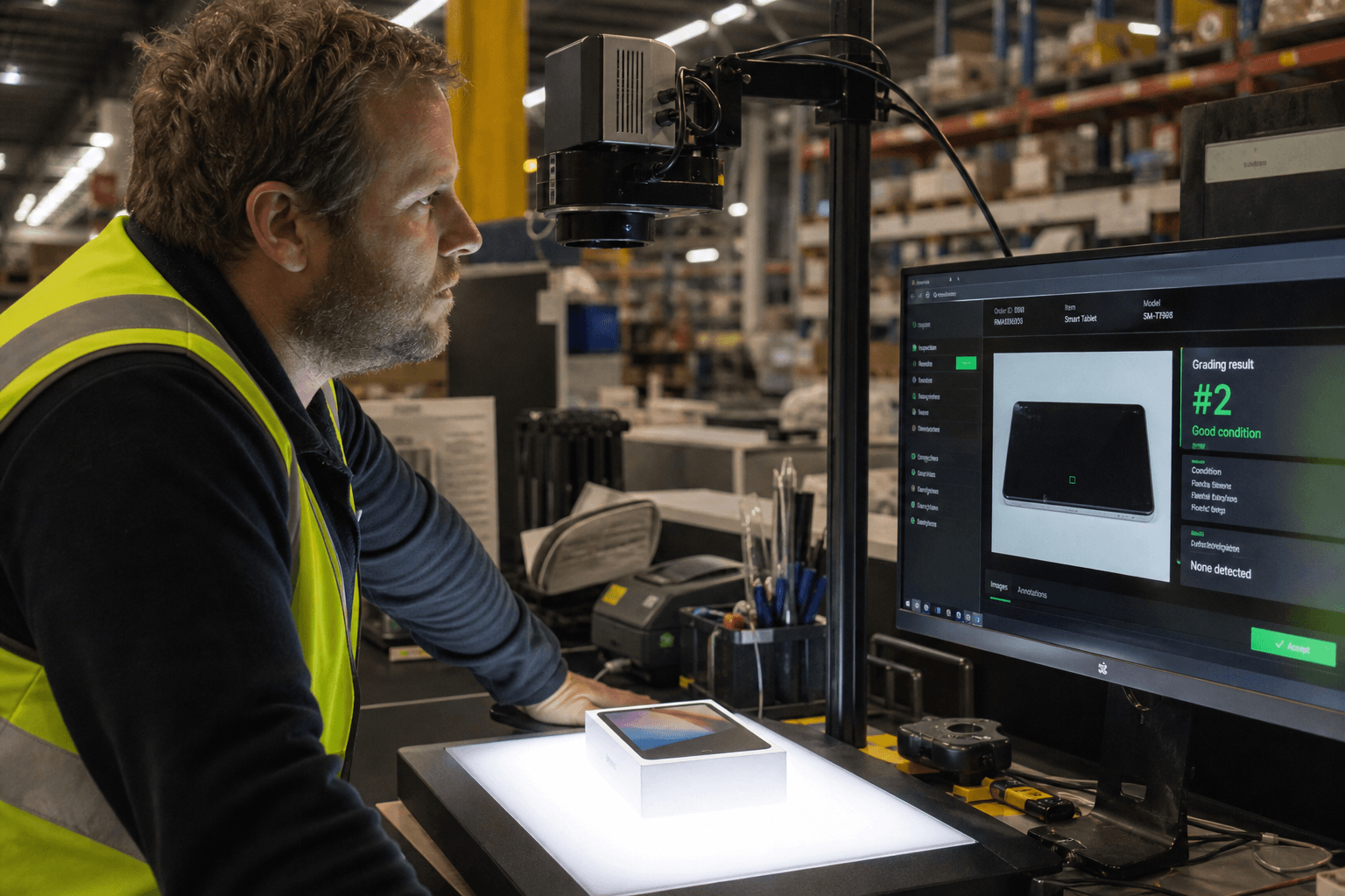 A male warehouse worker in a high-vis vest examines a returned electronics product at an inspection station with an overhead camera unit, studying a monitor displaying an automated condition grading interface in an Australian warehouse.