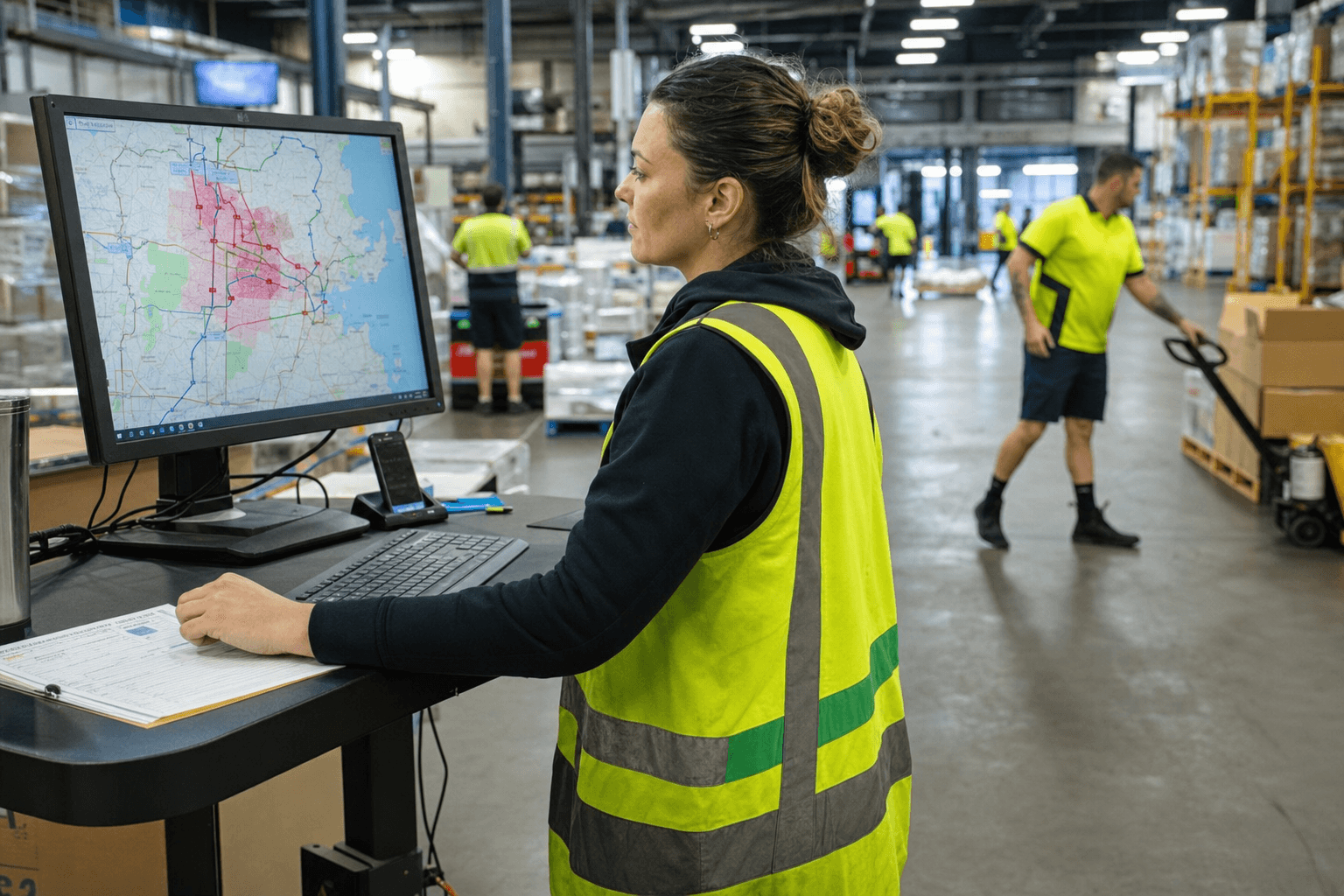 A female dispatch coordinator in a high-vis vest reviews a live city delivery route map on a monitor at a standing desk inside a busy Australian warehouse freight hub.