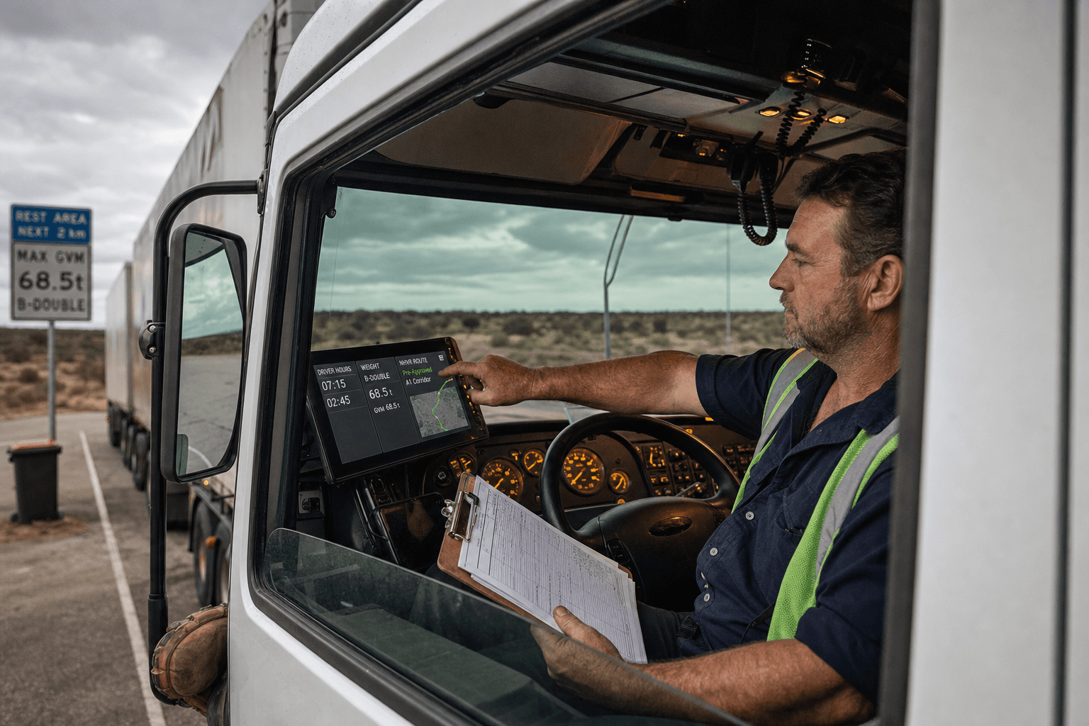 A heavy vehicle driver in a high-vis vest sits in the cab of a B-double truck at a rural Australian rest stop, reviewing driver hours and NHVR compliance data on the in-cab dashboard screen.