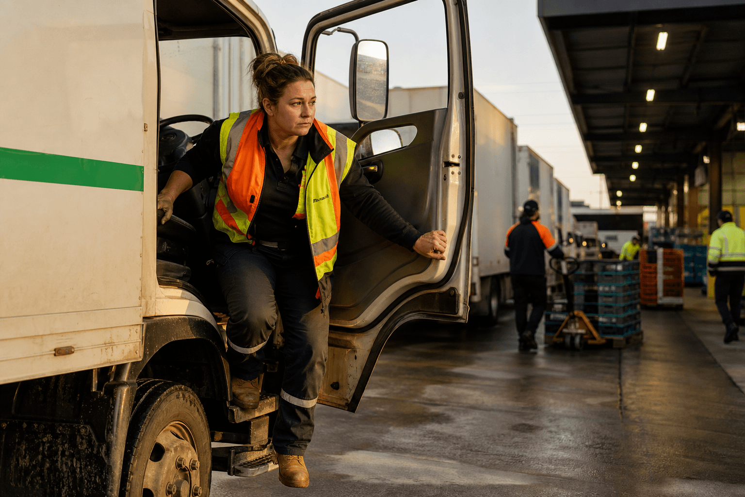 A female truck driver in a hi-vis vest climbs down from a heavy delivery truck cab at an Australian depot, with a row of fleet trucks and warehouse workers visible in the background under fluorescent dock lighting.