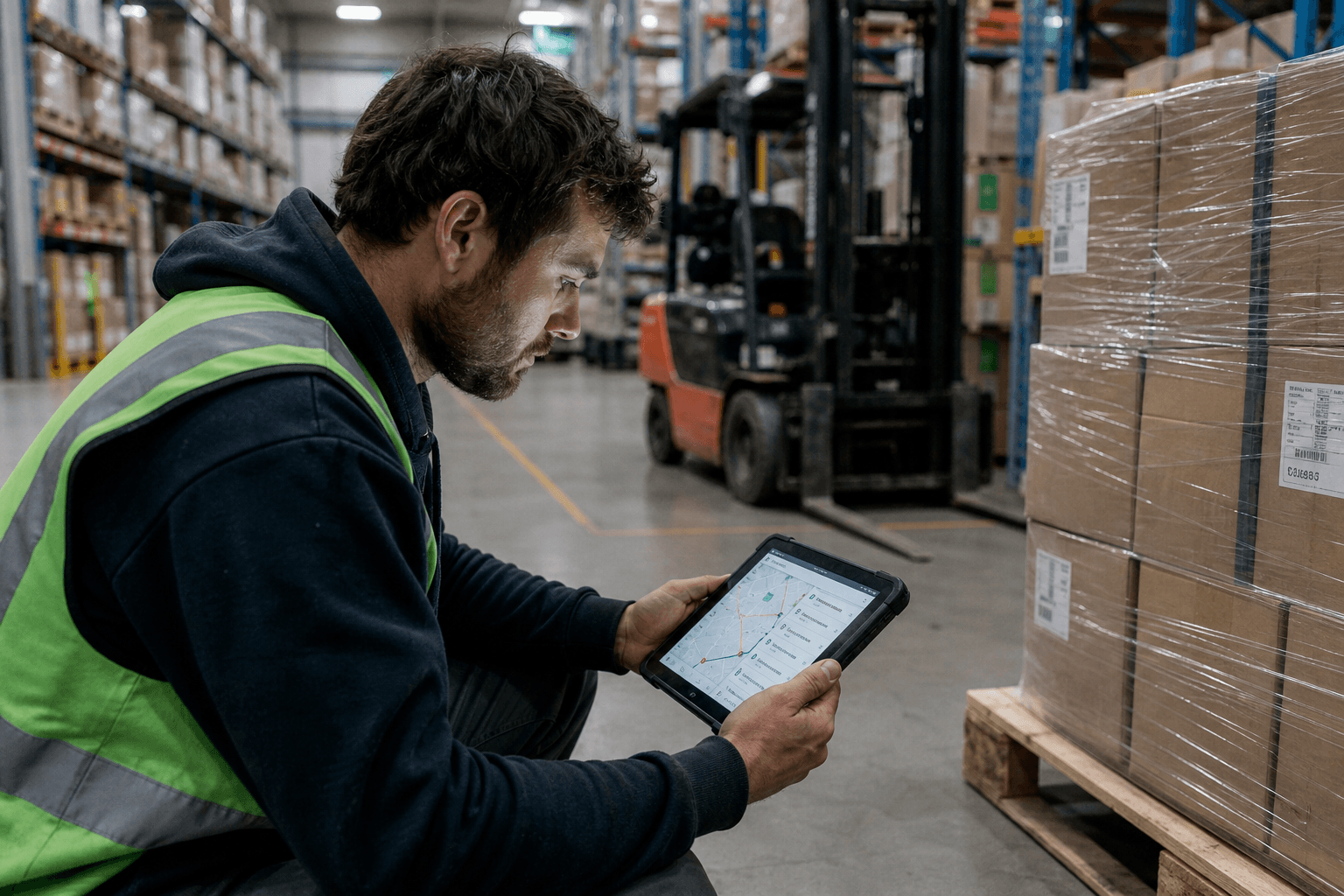 A young male warehouse worker in a hi-vis vest crouches beside a loaded pallet on a warehouse floor, studying a delivery route sequence on a ruggedised tablet under bright fluorescent overhead lighting.