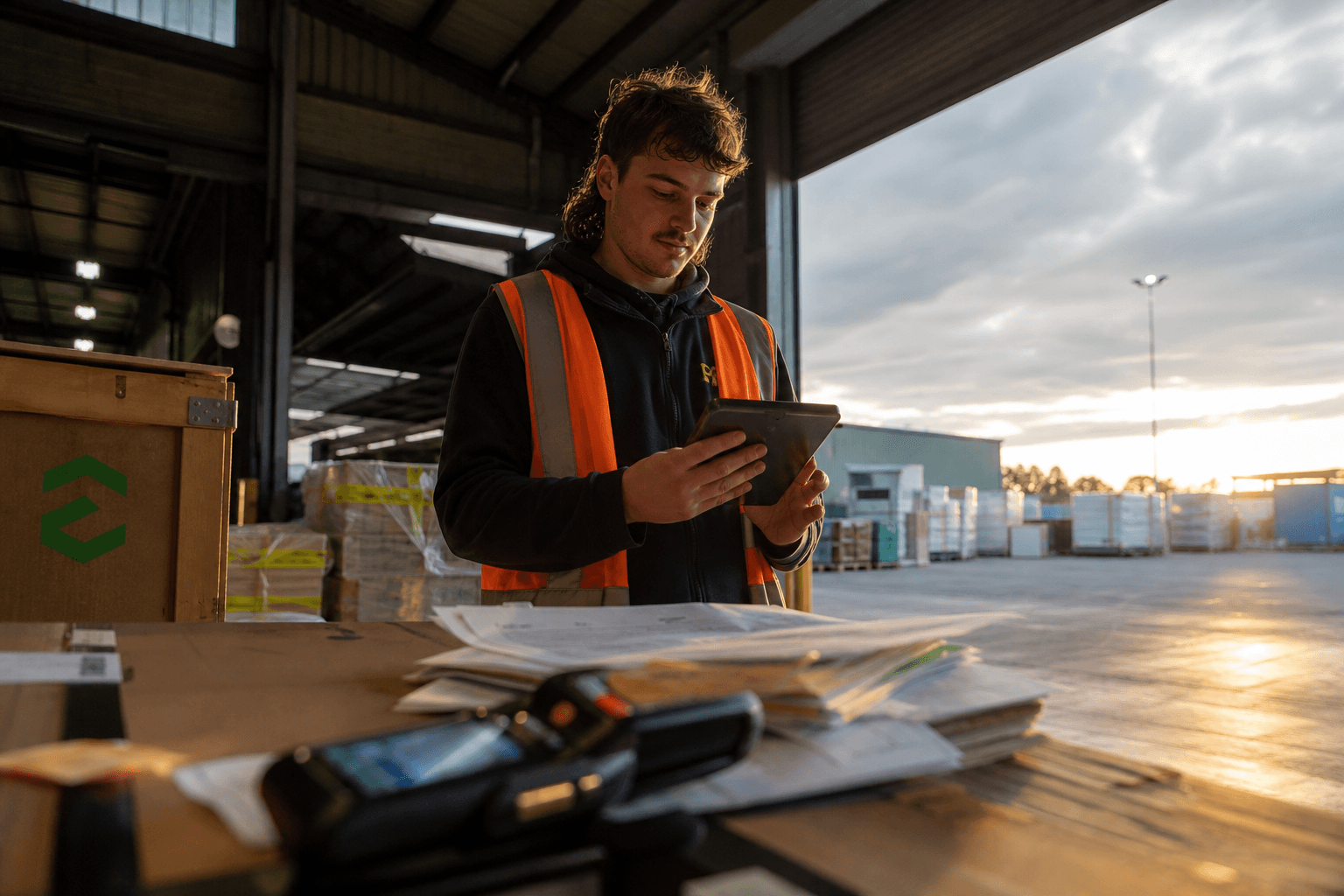 Low-angle view from a warehouse dock floor looking up at a worker in a hi-vis vest checking freight data on a tablet, with golden late-afternoon light streaming through an open roller door.