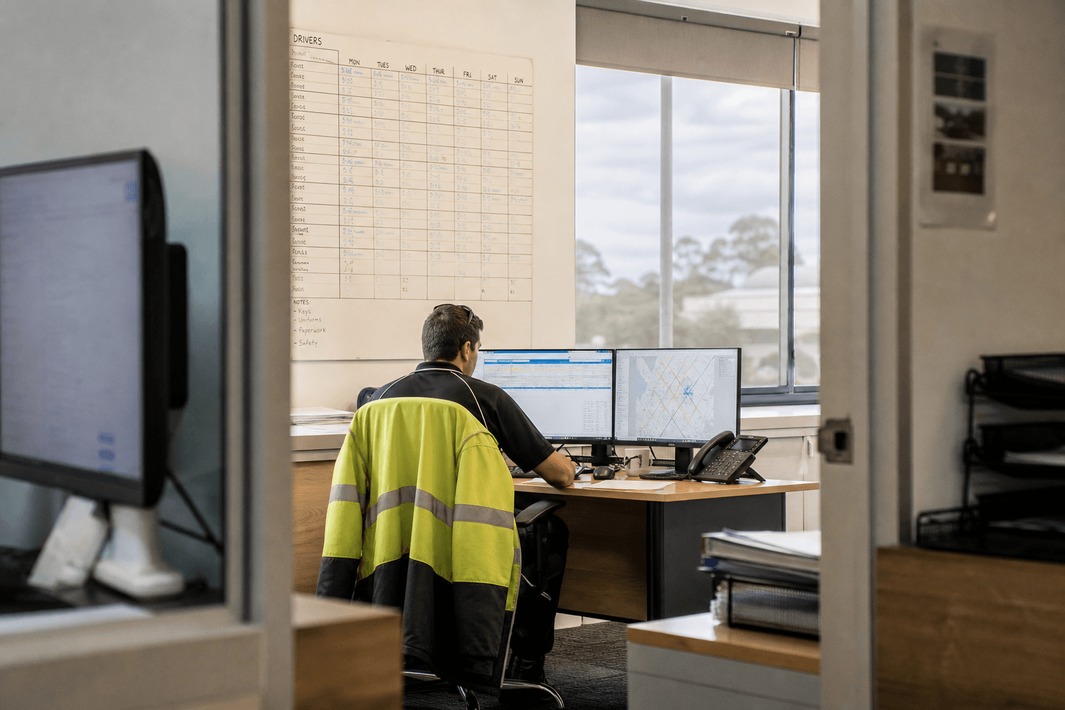 View through a doorway of a dispatch coordinator at a desk reviewing driver rosters on two computer screens in a bright office with a shift calendar whiteboard on the wall.